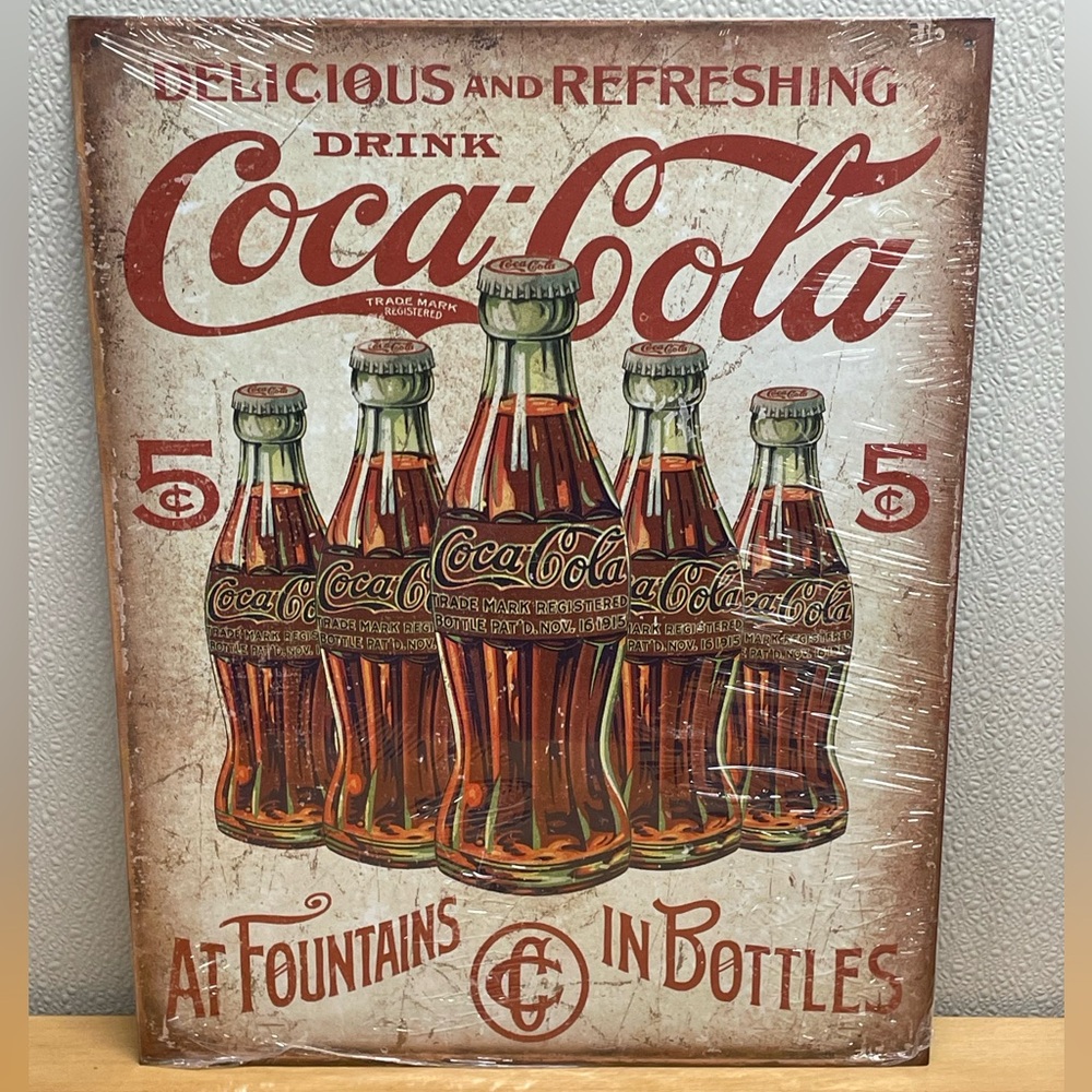 Coca-Cola Five Bottle Metal Sign. 12.5”x16” Vintage & Aged Design. Made in USA.